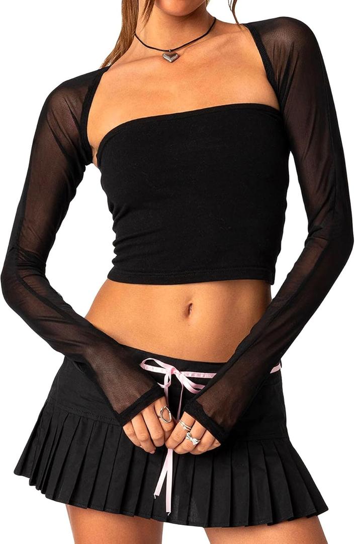 Women Mesh Bolero Shrug Long Sleeve See Through Sheer Cardigan Shoulder Cover for Dress (Large, Black)