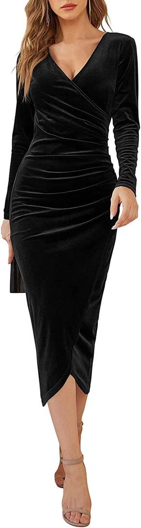 Elegant Velvet Dress for Women Wrap V Neck Long Sleeve Split Bodycon Ruched Cocktail Party Maxi Dress (Large, Black)