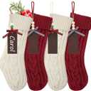 Christmas Stockings, 4 Pack 18" Large Cable Knit Xmas Stockings Personalized with Wooden Name Tags for Christmas Decorations Family Holiday Party Decor (Burgundy, Ivory)