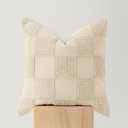 Double Stitch Checkered Throw Pillow Covers - 100% Cotton Tufted Boho Decorative Pillow Covers 20x20, Made in India, Square Plaid Cushion Case, Modern Home Decor for Couch, Sofa, Living Room, Beige