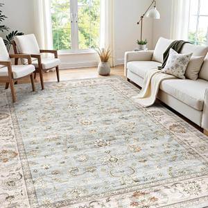 WITSHOCK 7x9 Area Rugs for Living Room: Machine Washable Non Slip Vintage Carpet - Low Pile Lightweight Print Rug for Bedroom Dining Room - Stain Resistant for Household - Pet Owners (Light Blue)