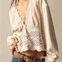 SHENHE Women's Deep V Neck Button Up Crochet Patchwork Long Sleeve Vintage Crop Blouse Top (S, Apricot)