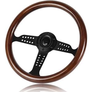 14 Inch Wooden Racing Steering Wheel, Universal 6 Hole Bolt Steering Wheel with Horn Buttons Multi-Hole Black Spoke Steering Wheel for Rally/ Motorsport/ Car Simulator Driving (Black frame)