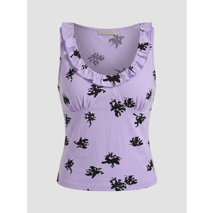 Tankaneo Womens Ruffle Deep V Neck Tank Tops Summer Sexy Floral Print Sleeveless Fitted Shirts Trendy Y2k Going Out Crop Tops, Size: M