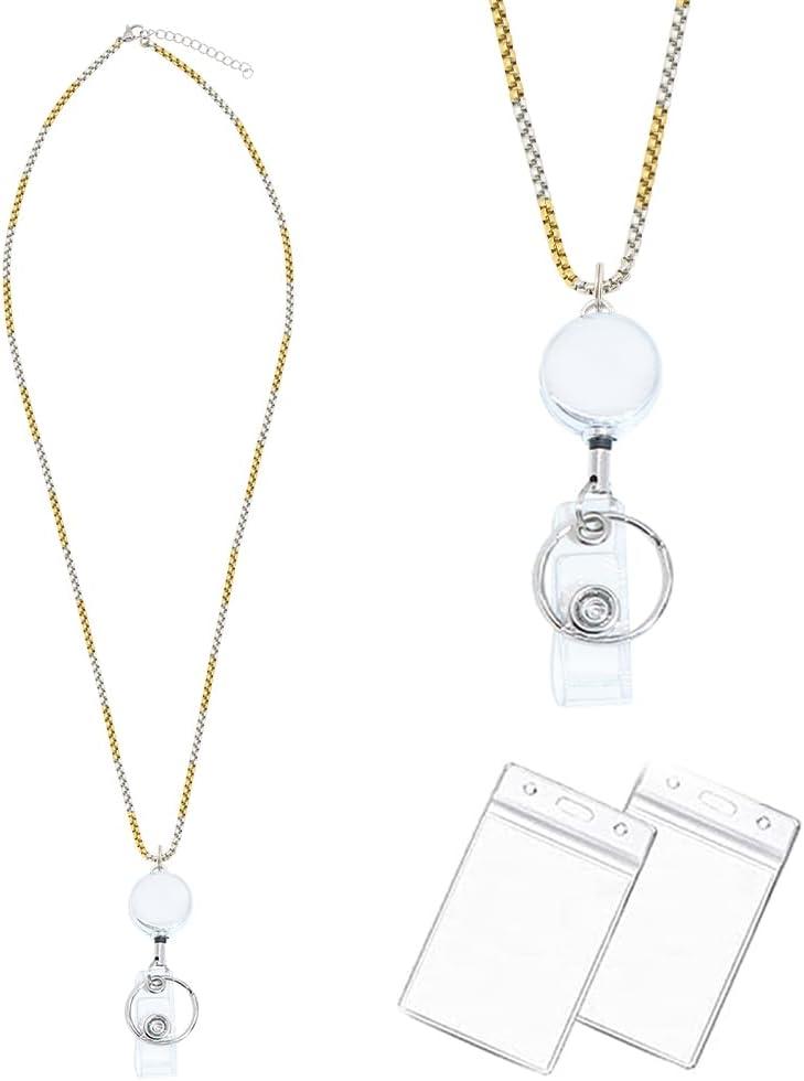 Lanyards for Id Badges Stainless Steel Metal Teacher Lanyard with Id Holder Retractable Cruise Ship Badge Holder for Women (Gold/Silver 13)