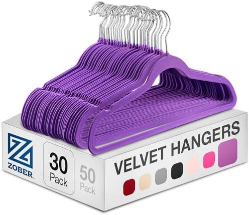 Zober Velvet Hangers - Heavy Duty Hangers for Coats, Pants & Dress Clothes - Non Slip Clothes Hanger Set - Space Saving Felt Hanger for Clothing (Purple, 30 Pack)