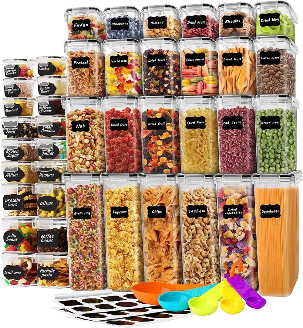stusgo 42 Pack Airtight Food Storage Containers with Lids, Plastic Kitchen and Organization Canisters for Cereal, Flour and Sugar, Includes Spoons, Labels and a Pen stusgo 42 Pack Airtight Food Storage Containers with Lids, Plastic Kitchen and Organization Canisters for Cereal, Flour and Sugar, Includes Spoons, Labels and a Pen