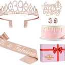 Juesly 39th Birthday Decorations, Rose Gold Sash, Crown, Candles & Cake Topper, Set of 6 for Women