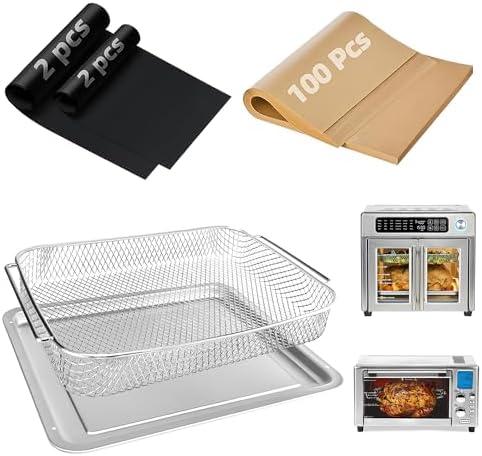 Air Fryer Accessories for Emeril Lagasse 26 Qt Extra Large & Everyday 360, Emeril Lagasse Air Fryer Basket and Pans for Oven with 100Pcs Disposable Parchment Paper, 4Pcs Reusable Teflon Mat