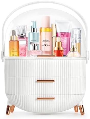 MASSY Egg Shape(Oval) Makeup Storage Box, Countertop Portable Vanity Cosmetics Organizer Preppy White