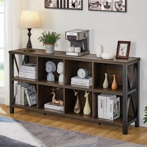 FATORRI 8 Cube Storage Organizer Bookshelf, 62 Inch Rustic Wood Horizontal Bookcase, Industrial Cube Long Book Shelf for Living Room (Walnut Brown)