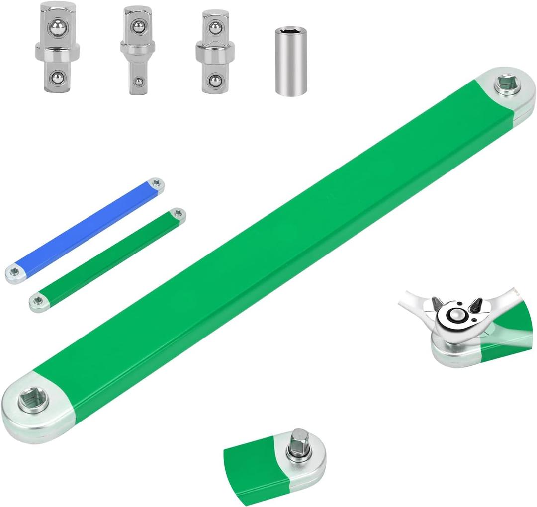 Offset Extension Wrench Set, 15-Inch Impact-Ready Tool with 1/4", 3/8", and 1/2" Square Drive Adapters Plus 1/4'' Drive Socket, Zero Degree Ratchet for Tight Spaces and Automotive Use (Green)