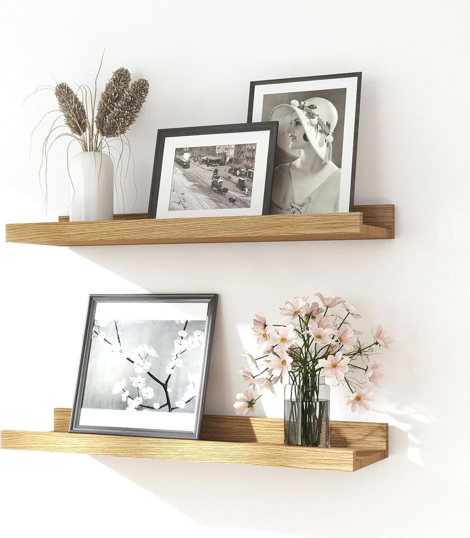 Floating Shelves for Wall Decor, Wall Mounted Wood Storage Shelf for Bedroom, Living Room, Bathroom, Kitchen, Nursery, Display Picture Ledge Shelf with Lip Set of 2-16 Inches, Oak (15.8in)