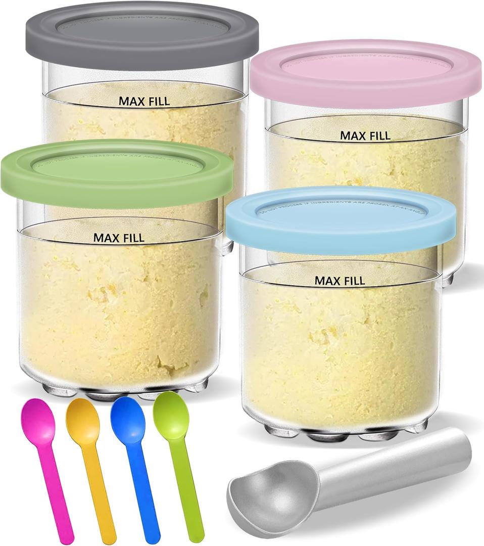 Creami Pints and Lids for Ninja - 4 pack Creamy Icecream Containers Cups Jars Tubs Canisters Set, Smoothie Pot Compatible with NC299AMZ & NC300s Series Creamer Ice Cream Maker Machine Accessories