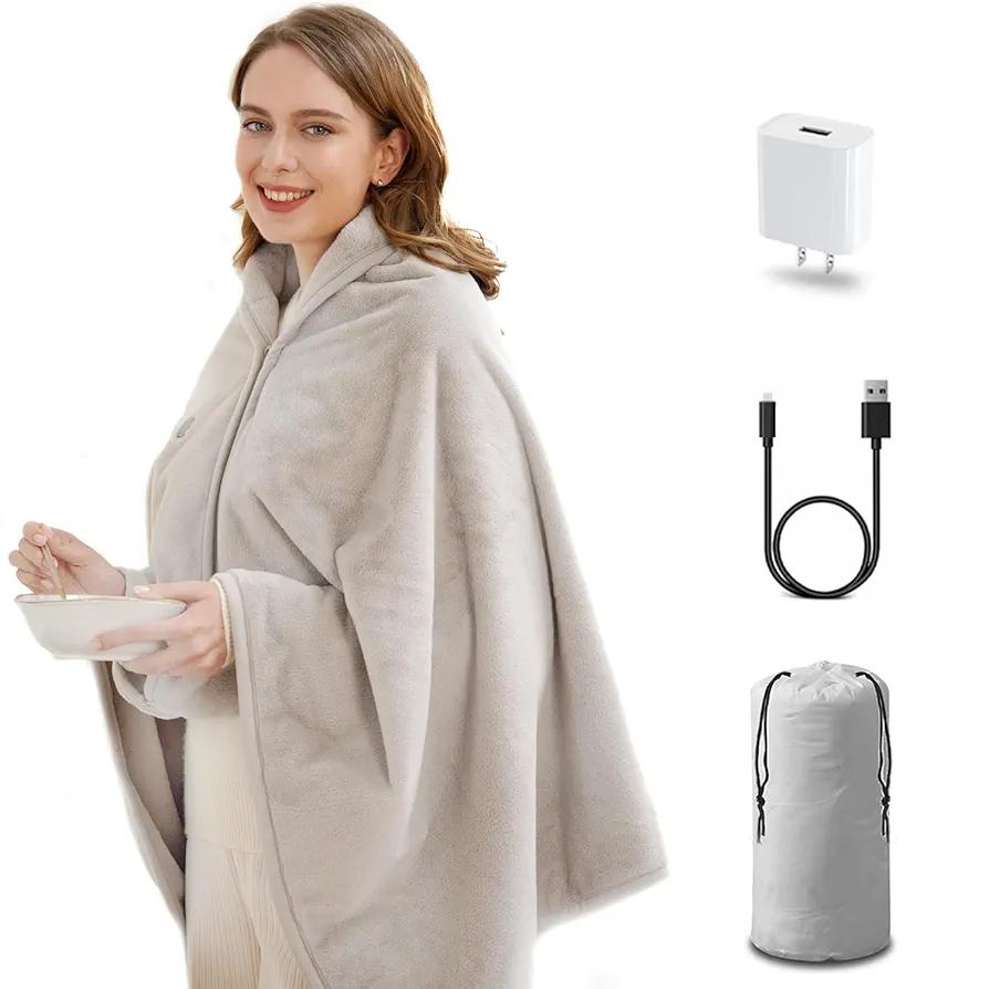 USB Heated Blanket,with USB Charger -Without Battery Pack,Portable Wearable Heated Shawl Throw Blanket for Home & Outdoor,Warm and Soft Cotton, Grey