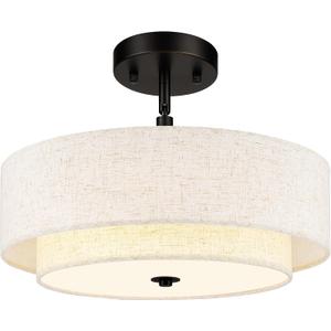 AUTELO Black Semi Flush Mount Ceiling Light, 3-Light 18" Flush Mount Ceiling Light in Black Finish with Drum Fabric Shade for Hallway Bedroom Kitchen, C2506 BK-18