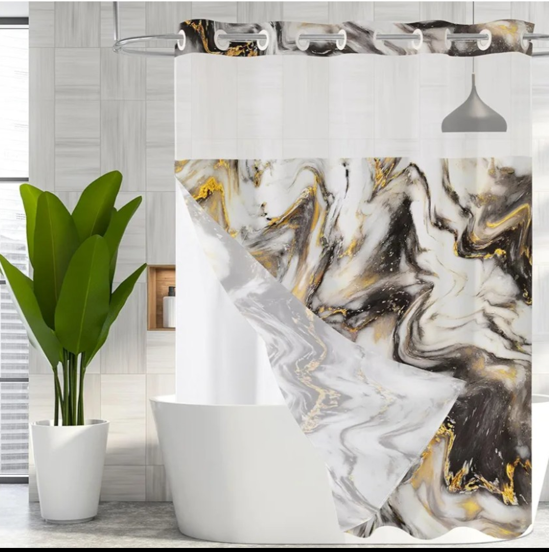 MitoVilla No Hooks Needed Marble Shower Curtain Set with Snap-in Liner, Modern Abstract Curtains for Luxury Hotel Grade Spa-Like Bathroom Decor, Black Gold, 72 x 74 74.00'' x 72.00''