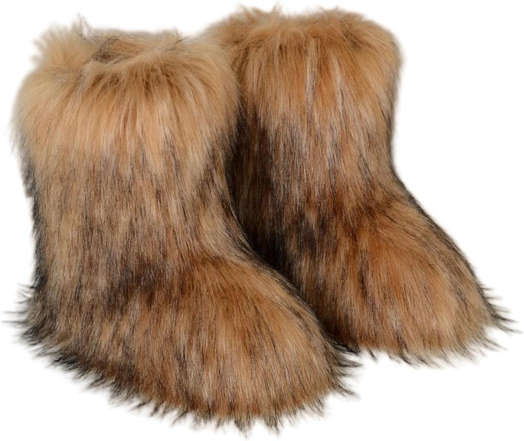 Women's Faux Fur Boots, Furry Fuzzy Mid Calf Snow Boots Y2k, Winter Warm Comfortable Fluffy Boots, Outdoor Indoor Flat Fur Shoes (5.5, Brown)