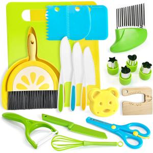 Chanking 21 Pieces Kids Safe Knife Set for Real Cooking Child-Friendly Plastic Chef Tools Montessori Kitchen Toys for Toddlers Birthday Gifts for Boys and Girls Ages 4+ (A)