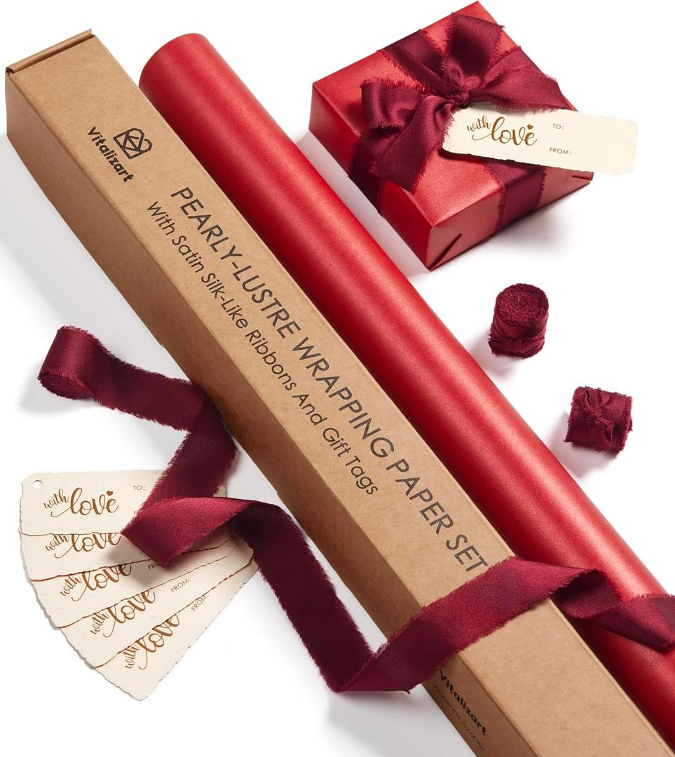 Vitalizart Red Wrapping Paper Set 30" Pearly-Lustre Ribbons & Gift Tags