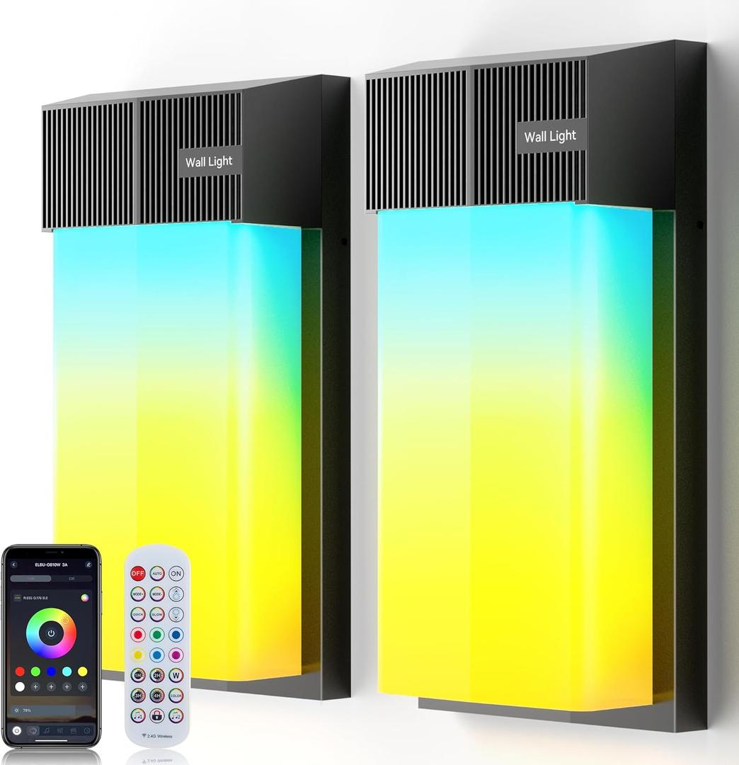 OIYN Smart Outdoor Wall Light, RGBWW LED Porch Light with 30 Scene Modes, 1500LM, IP65 Waterproof, DIY Color-Changing Wall Lamp for Garden, Patio, Christmas and Holiday Decorations 2 Pack