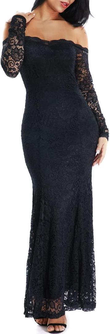 LALAGEN Women's Floral Lace Long Sleeve Off Shoulder Wedding Mermaid Dress (Large, Black1)