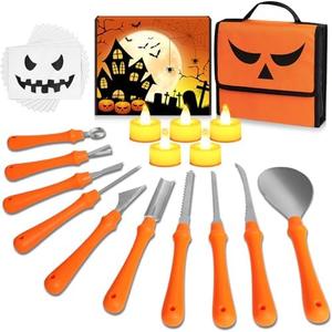 10 PCS Halloween Pumpkin Carving Kit, Professional Heavy Duty Stainless Steel Tools, Pumpkin Carving Tool Set with Stencils for Adult, Pumpkin Cutting Knife Supplies for Halloween Decoration