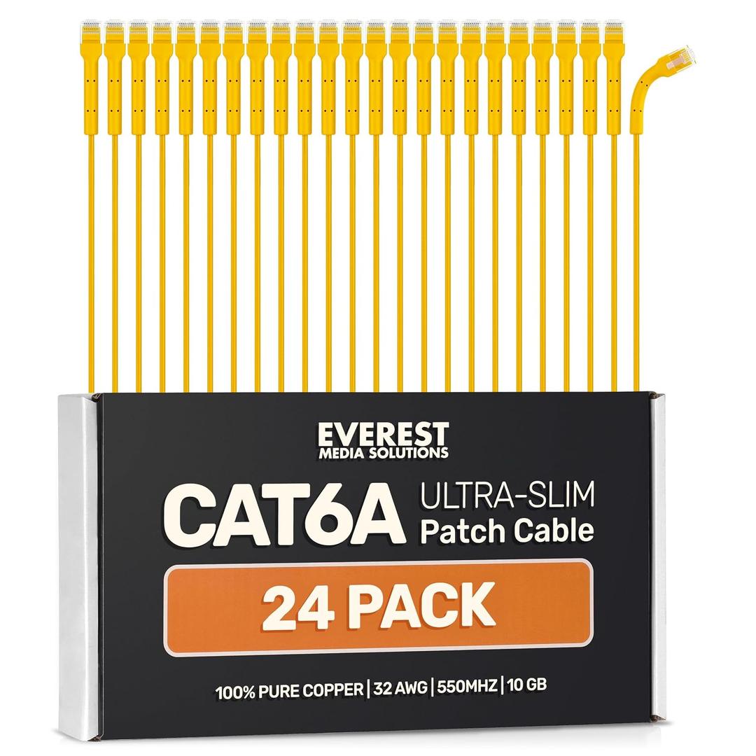 Everest Ultra Slim Cat6a Ethernet Patch Cables 7ft (24-Pack) Yellow - 10GB Cat 6a Patch Cable - Bendable, Flexible & Thin Ethernet Cable - Space Saving 32AWG 550MHZ Cat6a Cables - 100% Copper Wires