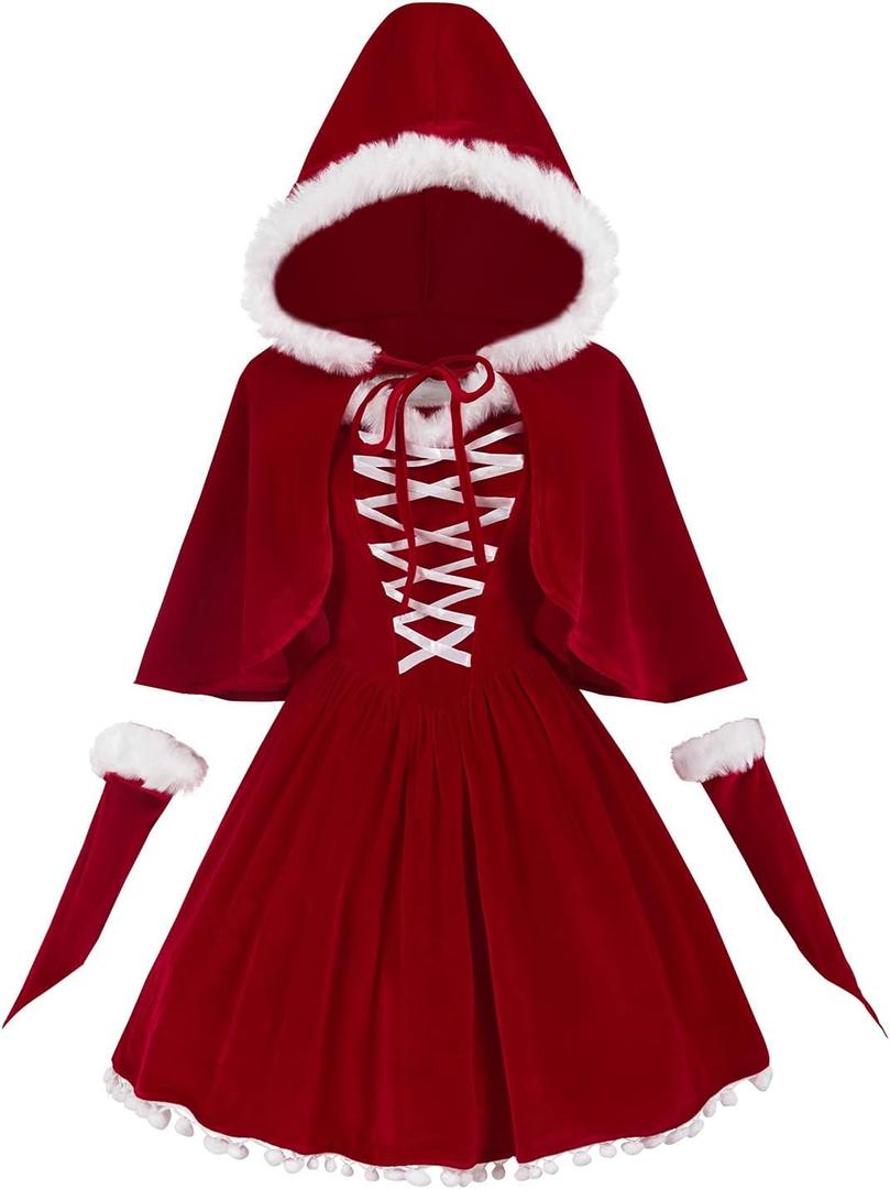 LTAKK Women Santa Dress Mrs Claus Costume Christmas Velvet Mini Dresses Santa Outfit (Small, Red Cape)