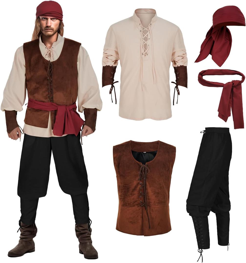 Men's Pirate Costume 5 Pcs Medieval Renaissance Outfits Halloween Viking Set (X-Large, Z3601)