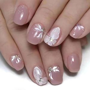 Square Press on Nails Short - TUZADNW Short Fake Nails Press ons Butterfly Designs, Light Pink Full Cover Glue on Nails Short Artificial Glossy Acrylic Nails for Women 24 Pcs