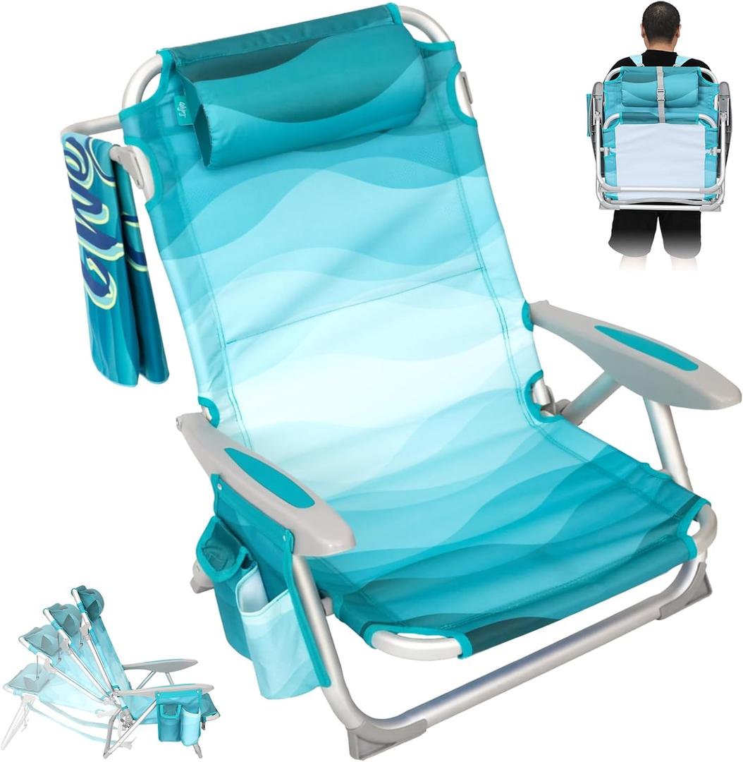 #WEJOY Beach Chair for Adults, Reclining Adjustable Position, Lay Flat Lightweight Folding Portable Aluminum Chair with Backpack Straps,Padded headrest, Heavy Duty 400 lbs Lawn Chair for Beach, Sand