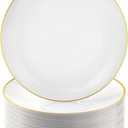 100 PCS Gold and White Plastic Plates, 7 inch White Disposable Plates for Party, Plastic Dessert/Salad Plates