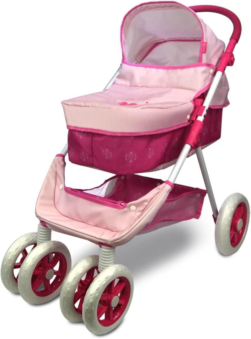ANIVIA Dolls Pram, Doll Pushchair, 2 in 1 Stroller Dolls Pushchair & Pram Toys Gift for Kids, Suitable Dolls Up to 18 inch - Pink, 30.12x16.14x25.59 in