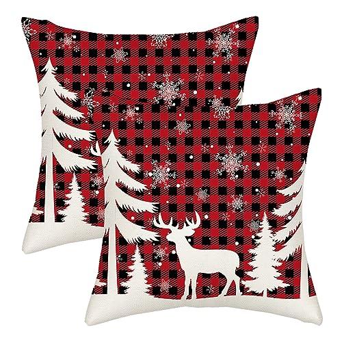 AGAYNA Christmas Pillow Covers 18x18 Red Black Buffalo Plaid Decor Throw Pillows Case for Couch Xmas Winter Snowflake Deer Tree Decorative Cushion Cases for Sofa Bed Decorations Set of 2