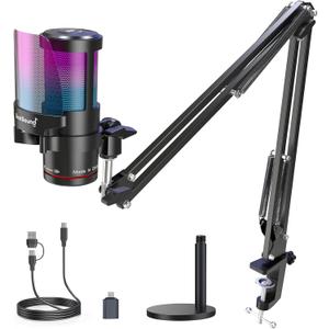 ZealSound USB Microphone for iPhone,Noise Cancellation Gaming mic with Touch Mute,Gain,Monitoring,USB Mic Boom Arm for Streaming,Podcast,Twitch,YouTube,Discord,iPad,PC,Computer,PS4,PS5,Mac,GamerWave