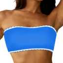 ZAFUL Women Textured Bandeau Bikini Top Lace up Strapless Swimsuit Solid Color High Cut Bathing Suits Top Only (Small, 1-2haze Blue)