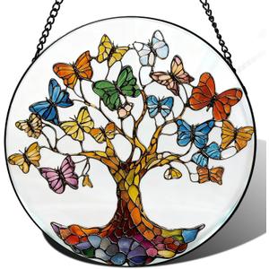 Stained Glass Tree of Life Suncatcher - 7.9" Real Glass Blue Butterfly Leaves Window Hanging, Weatherproof Spiritual Rebirth Decor, Sympathy Memorial Healing Gift for Mom Women