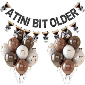 A Tini Bit Older Banner Martini Garland 12in Balloons With DIY Bow Ribbon for Themed Birthday Decorations - Espresso A Tiny Bit Older Birthday Party Decor (Brown)