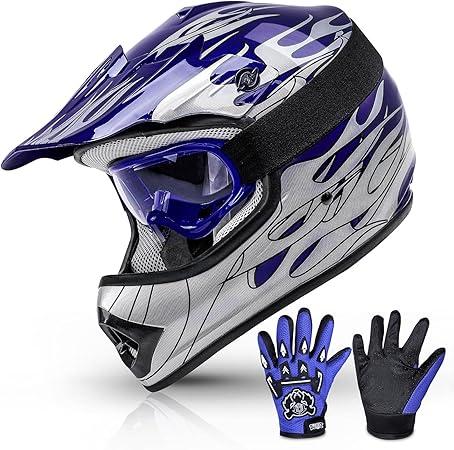 TCMT Dot Youth & Kids Motocross Offroad Street Blue Flame Motorcycle Youth Helmet Dirt Bike Motocross ATV Helmet+Goggles+Gloves S