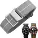 French Troops Paratrooper Watchband,Military Elastic Nylon Watch Strap with Hook-and-Loop for Men Women Silver & Black Buckle 18/20/22mm (Gray white-Silvery)