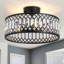 16" Black Crystal Ceiling Light, 3-Light Modern Semi Flush Mount Ceiling Light Fixture, Round Crystal Chandelier for Dining Room Bedroom Living Room Kitchen Hallway, E26 Sockets