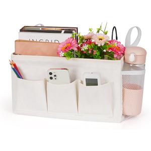 Lilithye Bedside Caddy Storage Organizer with Fixed Straps and Water Bottle Holder for Home, College, Dorm, Bunk/Hospital/Crib Bed Rails, White