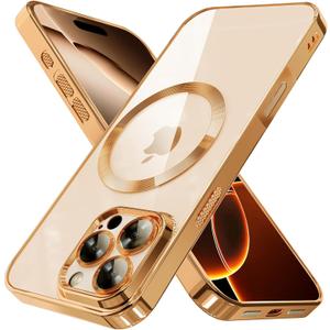 Magnetic Case for iPhone 16 Pro Max Electroplated Clear TPU Soft Phone Case [Full Camera Lens Protection] Non-Yellowing N56 Magnets Compatible with MagSafe (Desert Titanium Gold)