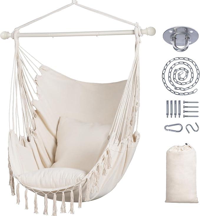 SUNCREAT Hammock Chair Hanging Rope Swing SeatMax 450lbs Capacity, Extra Large Macrame Hanging Swing with Side Pocket, Two Seat Cushion, Beige