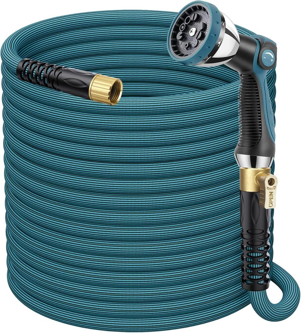 FlexiSolve Garden Hose 100 ft, Non-Expandable Lightweight Water Hose, 360 Rotating Anti-Kink Fittings, 10-Pattern Spray Nozzle & Shut-Off Valve, Flexible Water Hose for Yard, Lawn, Car Wash, Blue