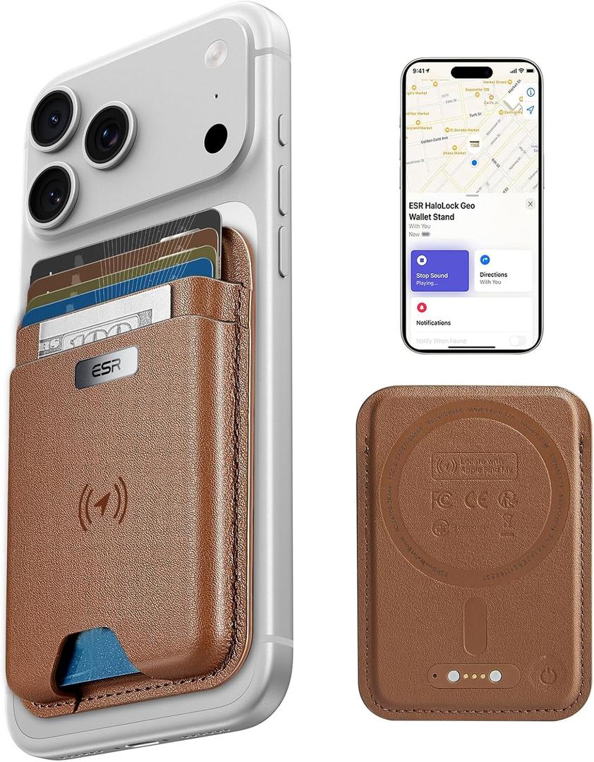 ESR Geo for MagSafe Wallet with Full Find My Functionality, RFID Blocking, 5 Cards Holder for Phone Case, Strong Magnetic Wallet for iPhone 17/16/15/14/13/12 Series, Not for 13/12 Mini, Brown