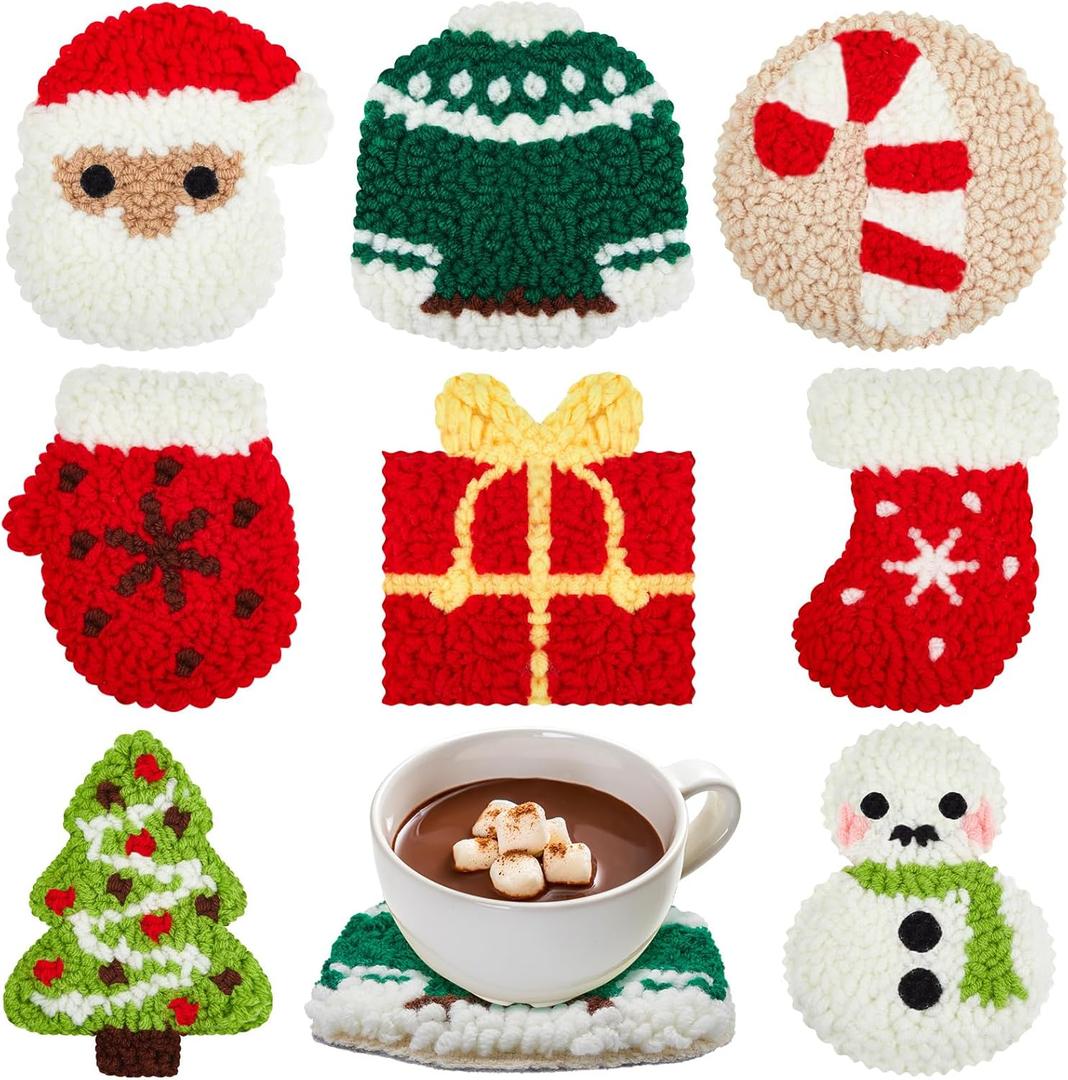 Preboun 8 Pcs Christmas Punch Needle Coasters Kit, Xmas Punch Needle Embroidery Kit, DIY Embroidery Crafts for Adults Beginners with Yarns Hoop Art Craft Supplies for Christmas Gift
