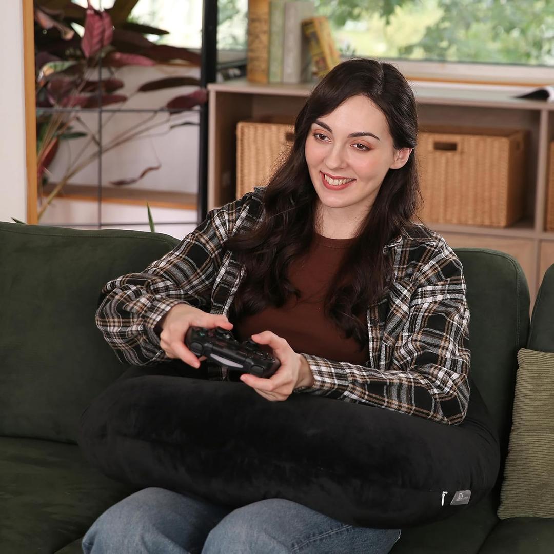 Ergonomic U-Shape Gaming & Lap Pillow - Crochet Pillow & Reading Support Pillow with Arm Relief, Comfort for Gamers, Crafters & Book Lovers (Black)