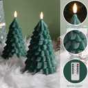 2 x Eywamage Green Christmas Tree Flameless Candles with Remote, Real Wax Flickering LED Pillar Candles Set of 2